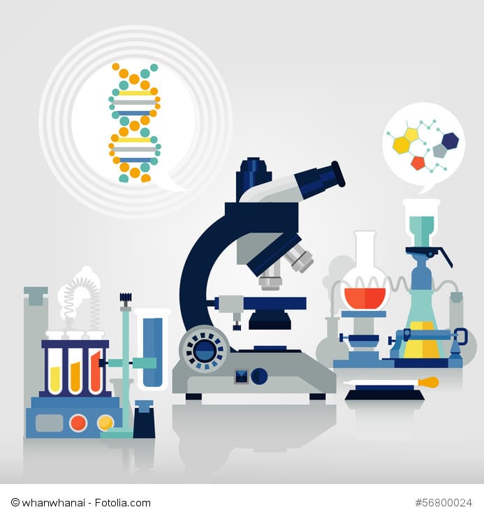 Illustration of a lab setup showing microscope, DNA strand, flasks, test tubes, and molecules for Lyme disease research or Dr. Marty Ross.