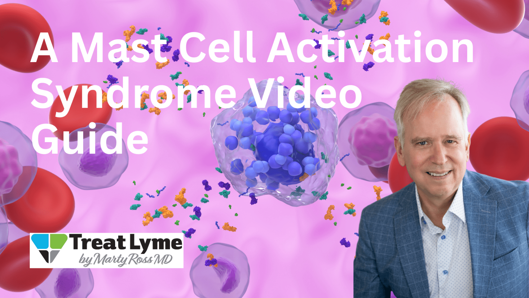 A man in a blue jacket smiles before an illustrated blood cell and molecule background with text: Mast Cell Activation Syndrome Video Guide by Marty Ross MD on Treating Lyme.