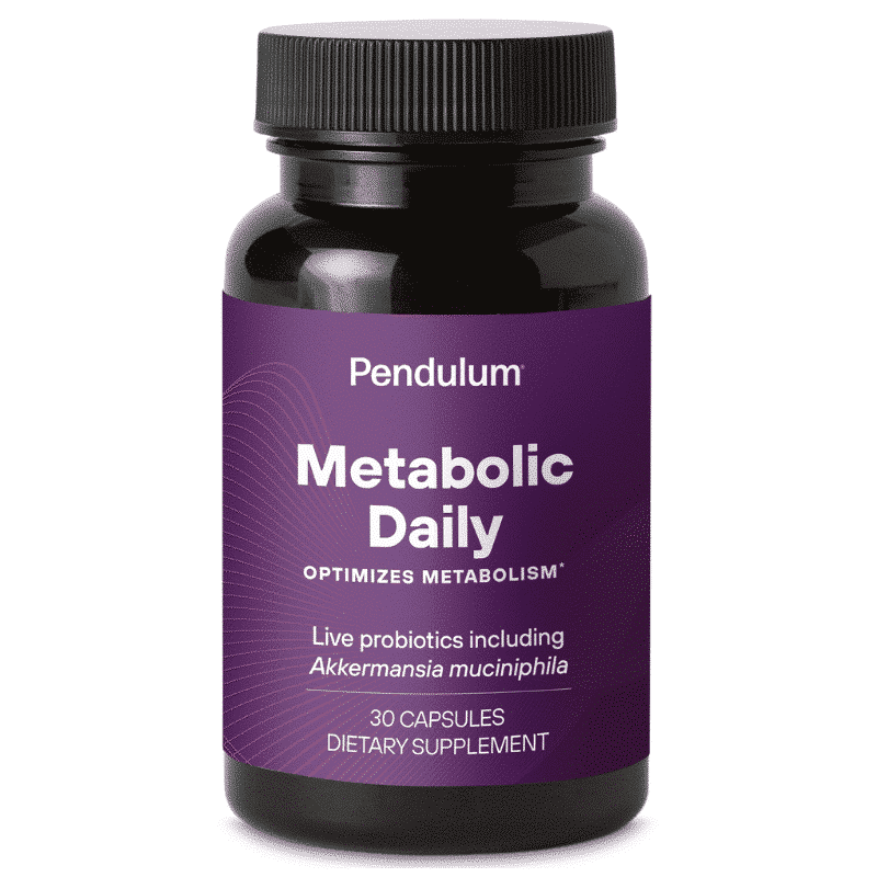 Purple bottle of Pendulum Metabolic Daily capsules with Akkermansia mucinphila