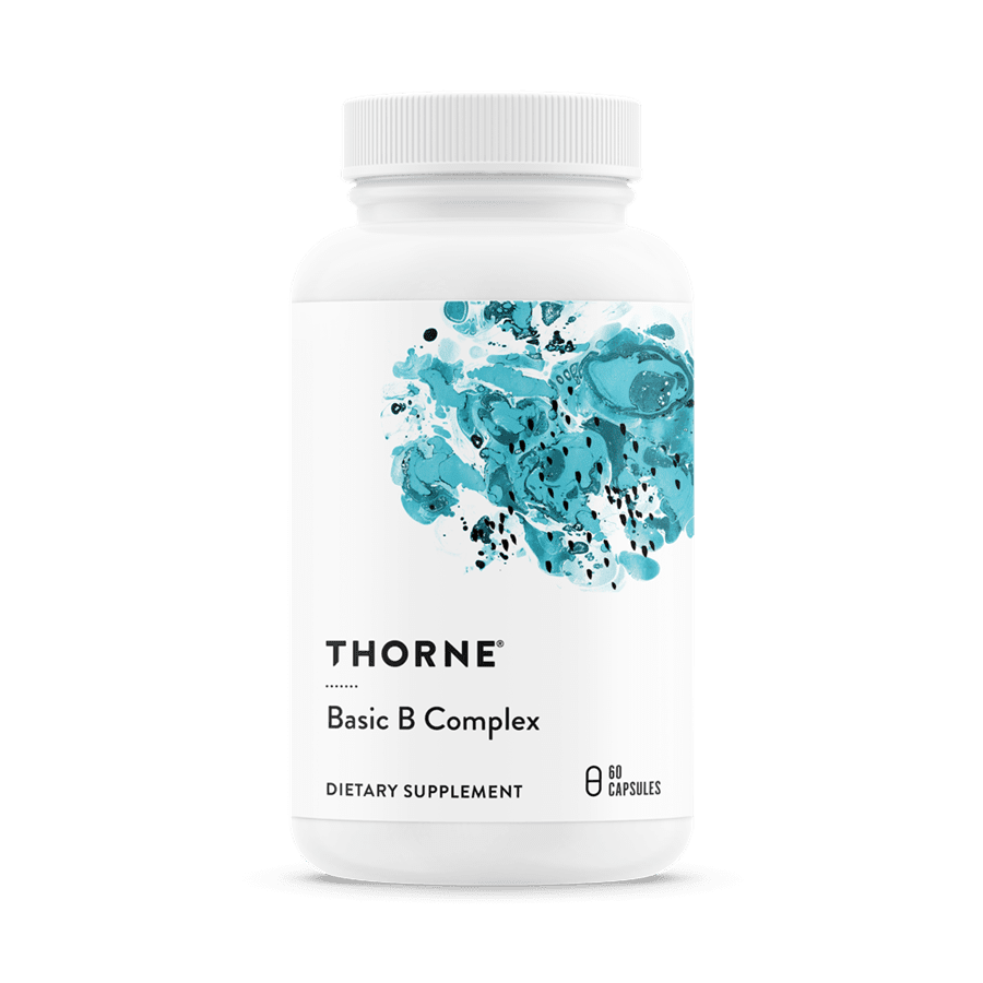 Thorne Basic B Complex dietary supplement bottle with blue abstract art